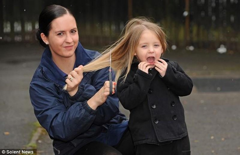 The boy gives her long hair to charity