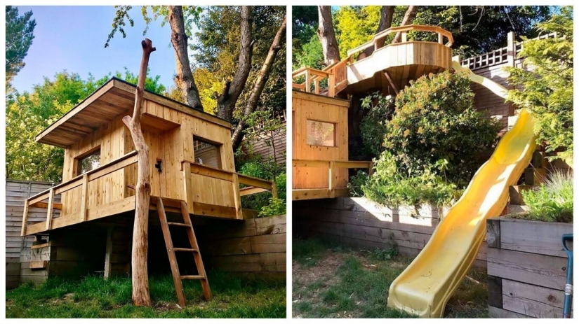 A mi hija le encantó! La casa del árbol de tablas viejas, que fue construido por un padre que cuida