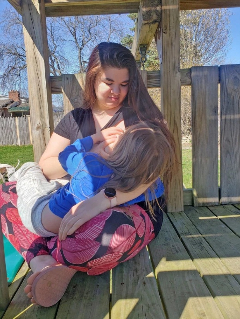 A special relationship: a mother feeds her five year old son three times a day