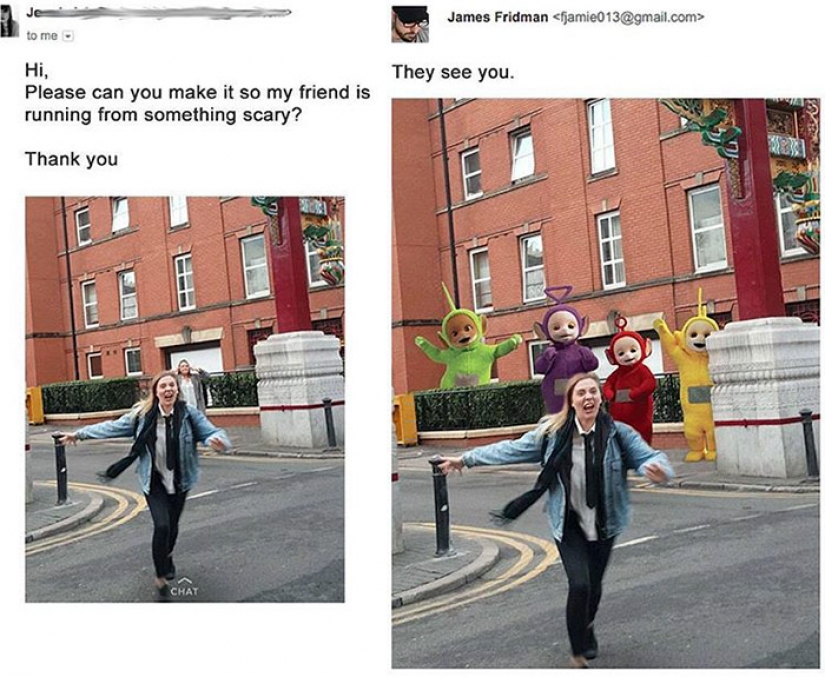 Cuando usted pide un photoshop de la foto y el Retoucher es un maestro de la pesca de curricán