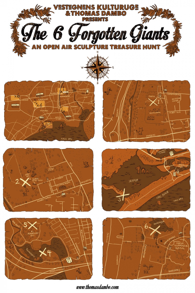 El artista pintó un mapa del tesoro y se escondió amable gigantes en los bosques de Copenhague El artista pintó un mapa del tesoro y se escondió amable gigantes en los bosques de Copenhague