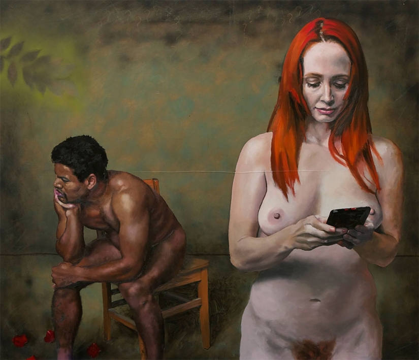 Evil caricature of the people whom the entire world had replaced the screen of the smartphone Evil caricature of the people whom the entire world had replaced the screen of the smartphone