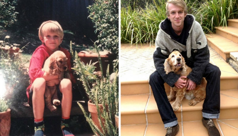 Grew up together: dogs and their owners at the beginning of the friendship through many years Grew up together: dogs and their owners at the beginning of the friendship through many years