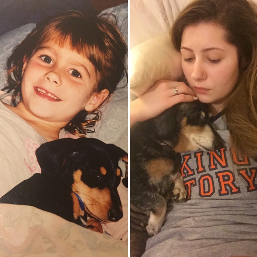 Grew up together: dogs and their owners at the beginning of the friendship through many years Grew up together: dogs and their owners at the beginning of the friendship through many years