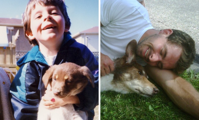 Grew up together: dogs and their owners at the beginning of the friendship through many years Grew up together: dogs and their owners at the beginning of the friendship through many years