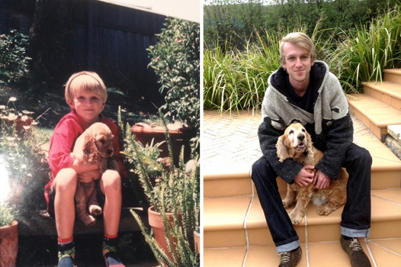 Grew up together: dogs and their owners at the beginning of the friendship through many years Grew up together: dogs and their owners at the beginning of the friendship through many years
