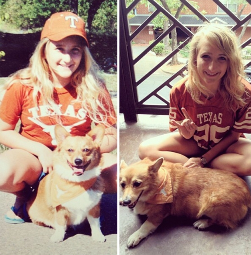 Grew up together: dogs and their owners at the beginning of the friendship through many years Grew up together: dogs and their owners at the beginning of the friendship through many years