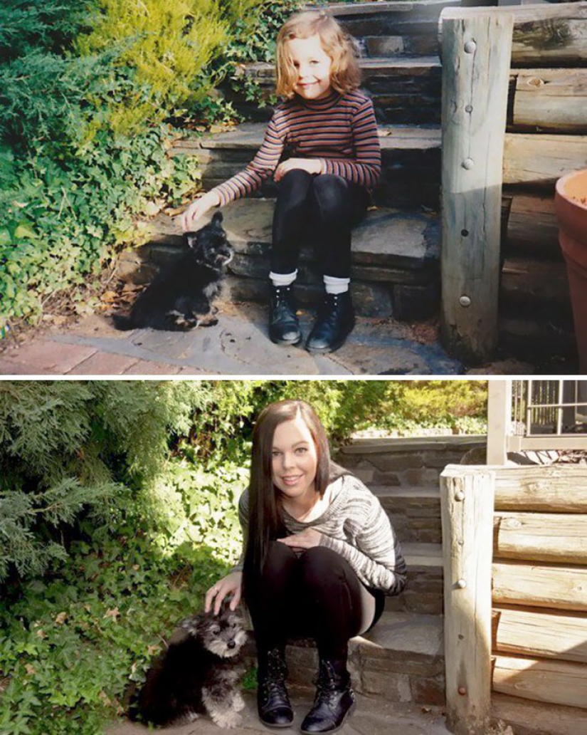 Grew up together: dogs and their owners at the beginning of the friendship through many years Grew up together: dogs and their owners at the beginning of the friendship through many years