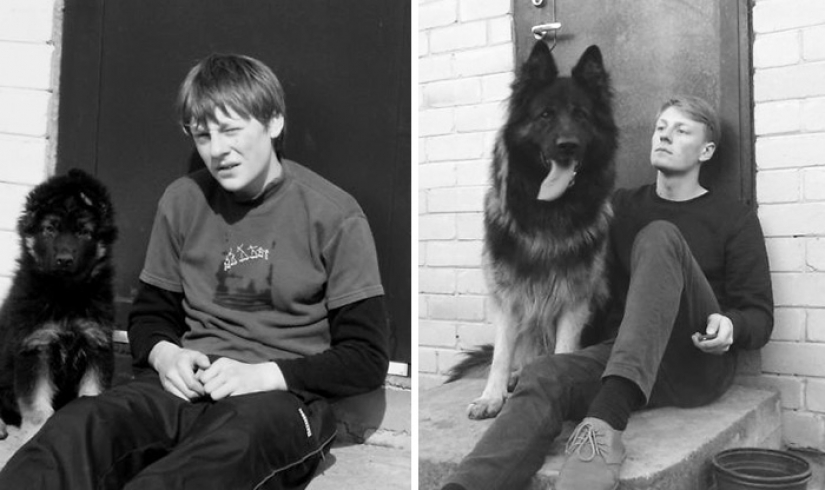 Grew up together: dogs and their owners at the beginning of the friendship through many years Grew up together: dogs and their owners at the beginning of the friendship through many years