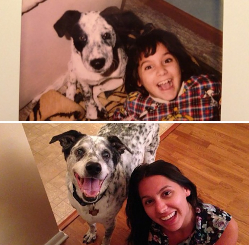 Grew up together: dogs and their owners at the beginning of the friendship through many years Grew up together: dogs and their owners at the beginning of the friendship through many years