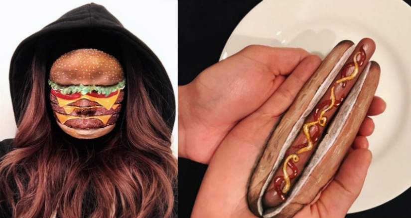 "I'm the person to eat" the canadian make-up artist draws women's faces with burgers, rolls and pizza
