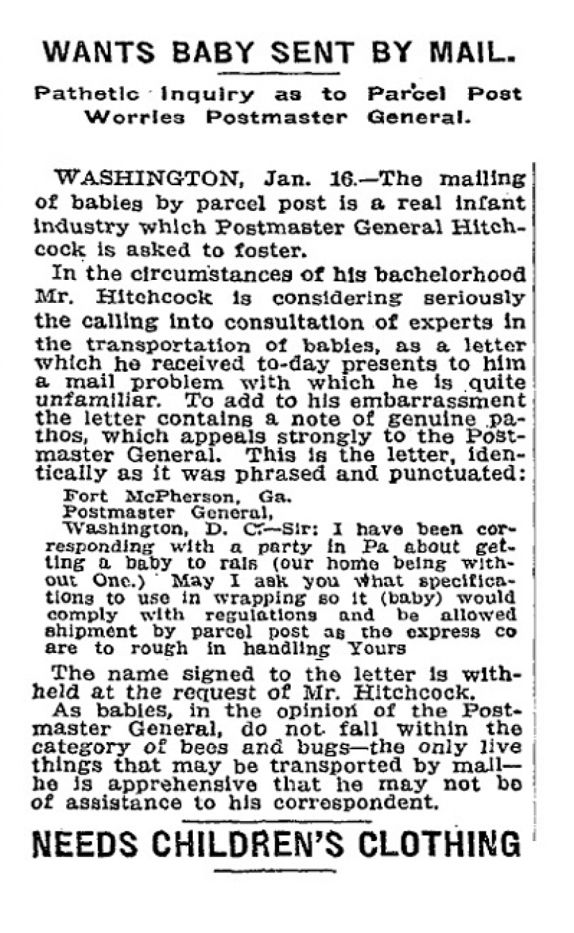 In the United States in the early twentieth century, children were sent by mail rate for chickens