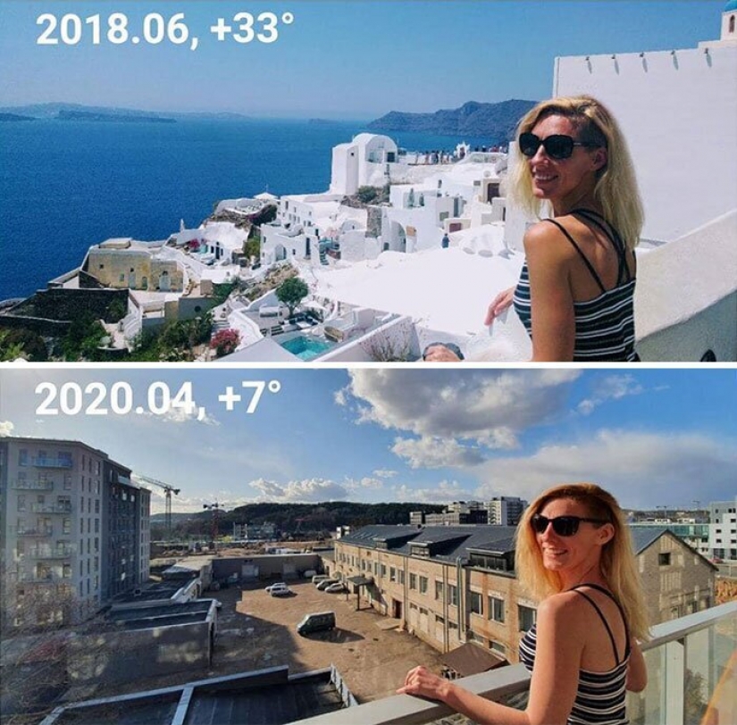 Recordar dónde estábamos! La gente recrear fotos de viajes, sentado en cuarentena