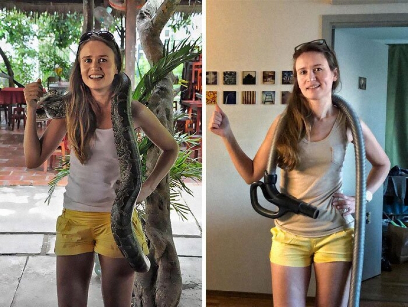 Recordar dónde estábamos! La gente recrear fotos de viajes, sentado en cuarentena