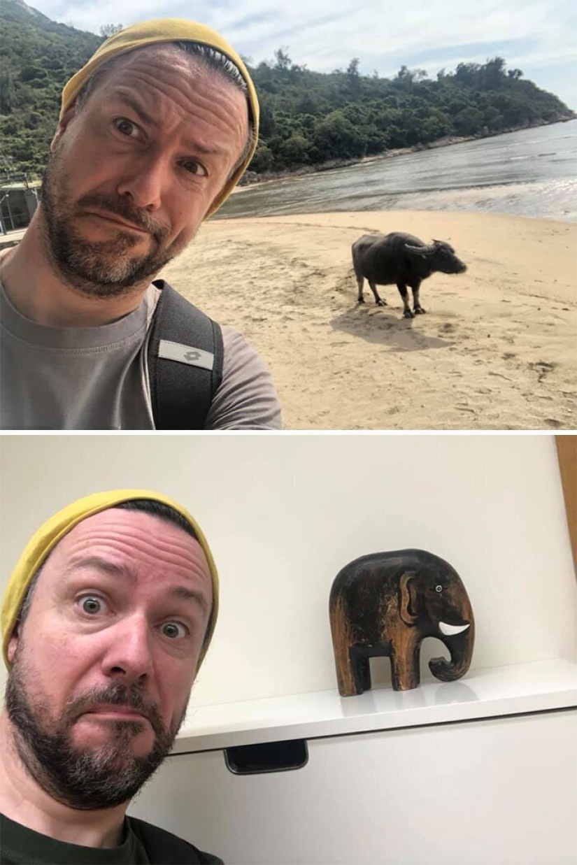 Recordar dónde estábamos! La gente recrear fotos de viajes, sentado en cuarentena