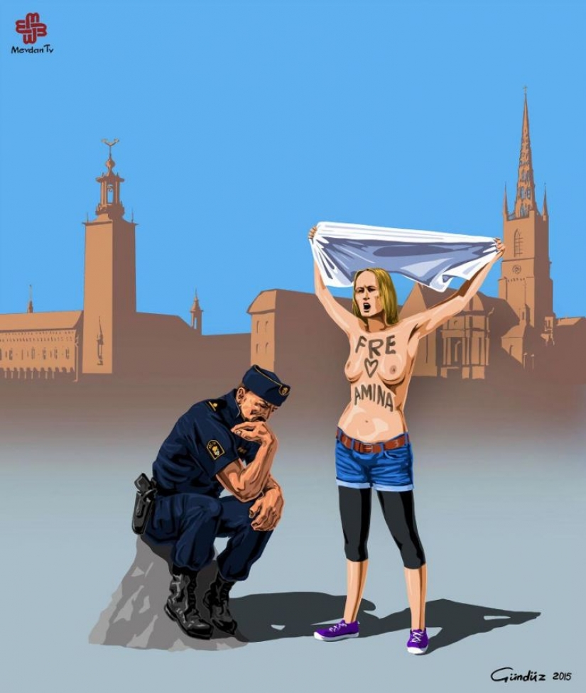 The Azerbaijani artist has depicted the true face of the world, police in the satirical illustrations
