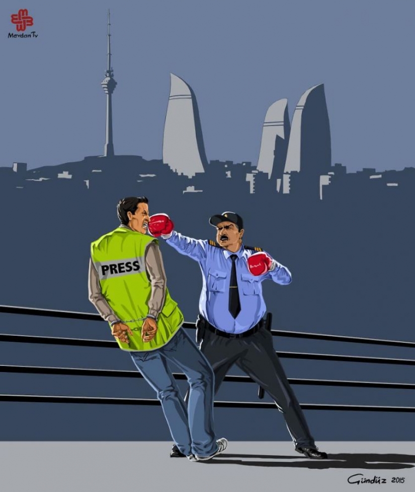 The Azerbaijani artist has depicted the true face of the world, police in the satirical illustrations