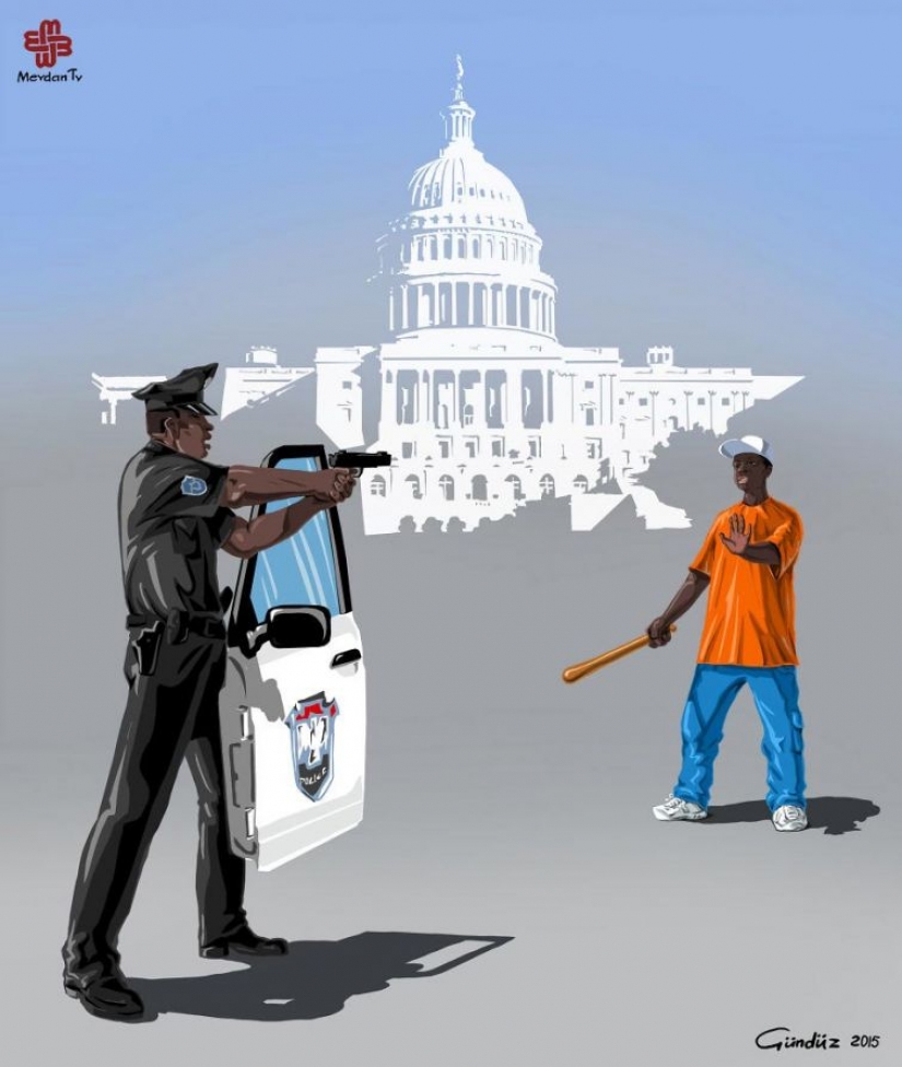 The Azerbaijani artist has depicted the true face of the world, police in the satirical illustrations