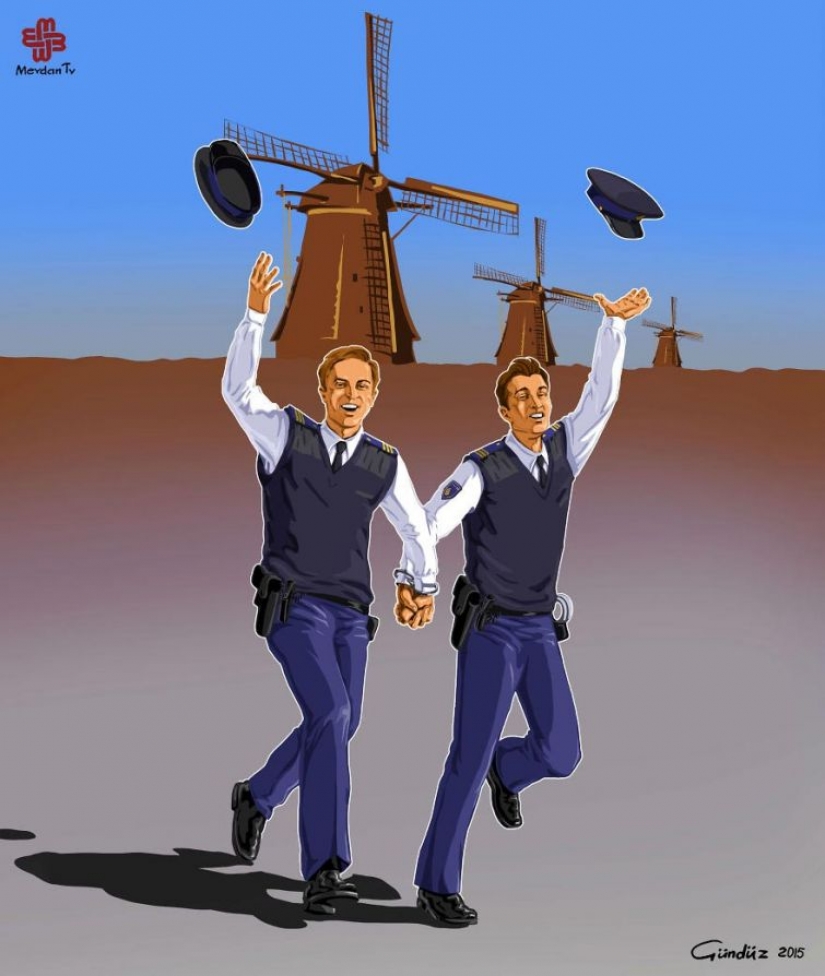 The Azerbaijani artist has depicted the true face of the world, police in the satirical illustrations