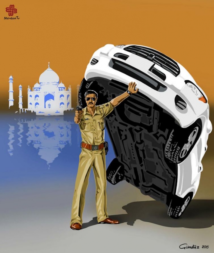 The Azerbaijani artist has depicted the true face of the world, police in the satirical illustrations