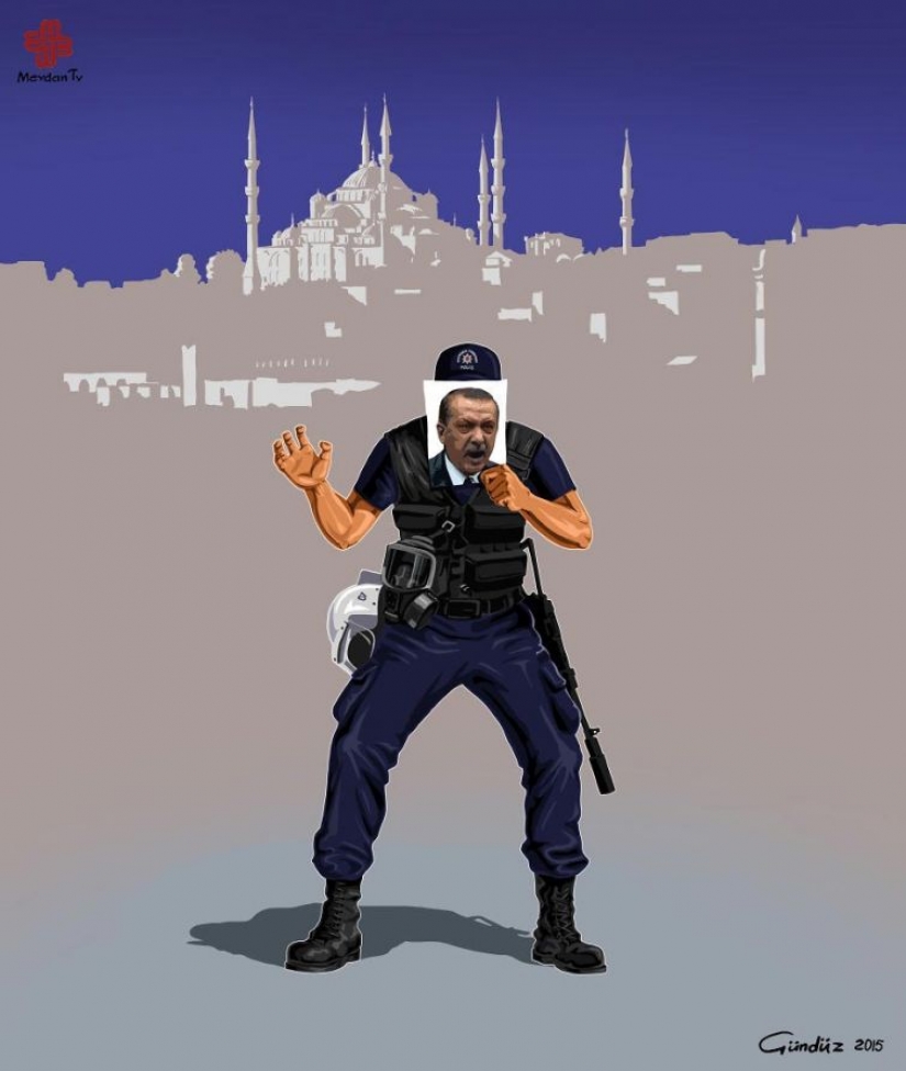 The Azerbaijani artist has depicted the true face of the world, police in the satirical illustrations