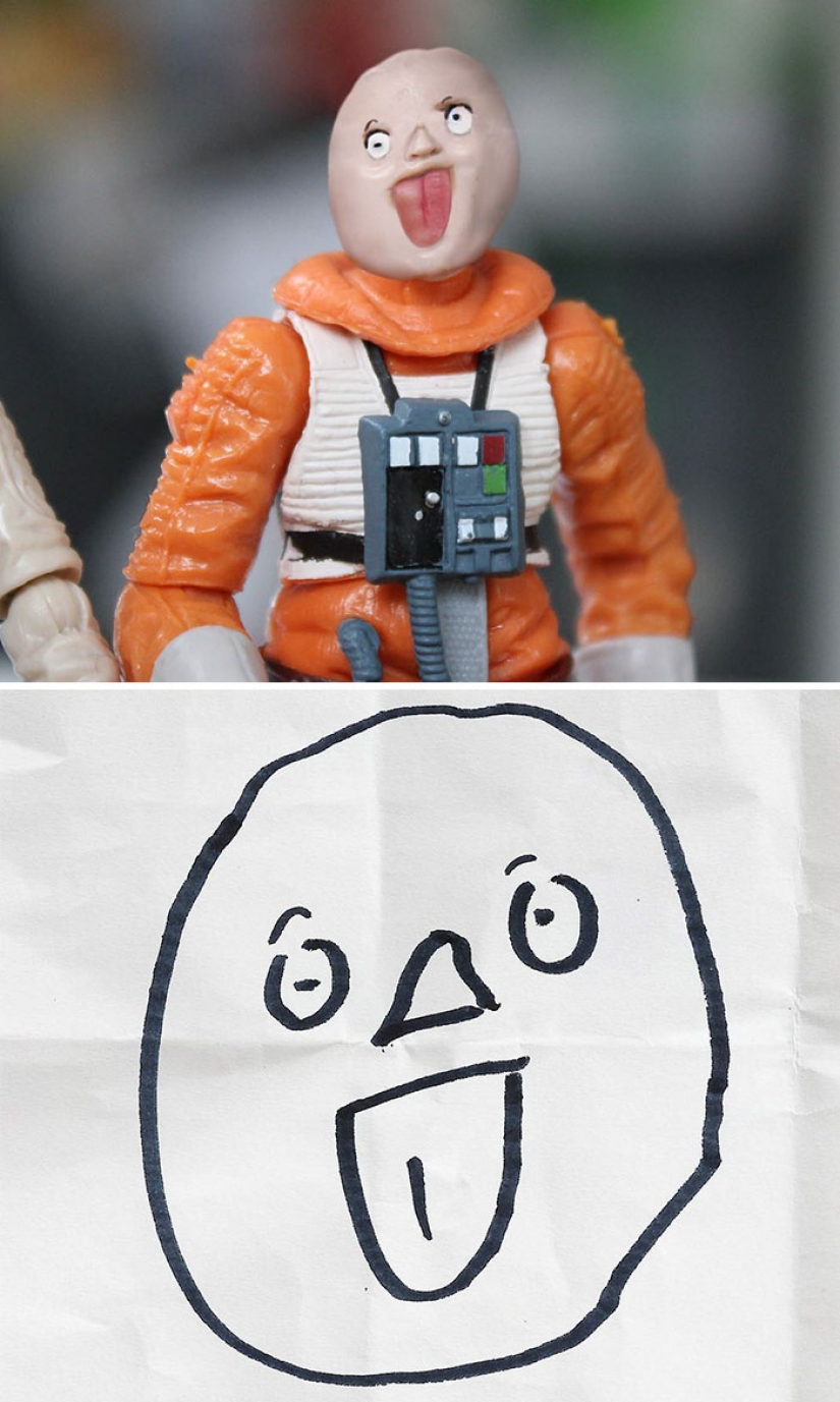 The father showed how would look the characters of children's drawings in real life The father showed how would look the characters of children's drawings in real life