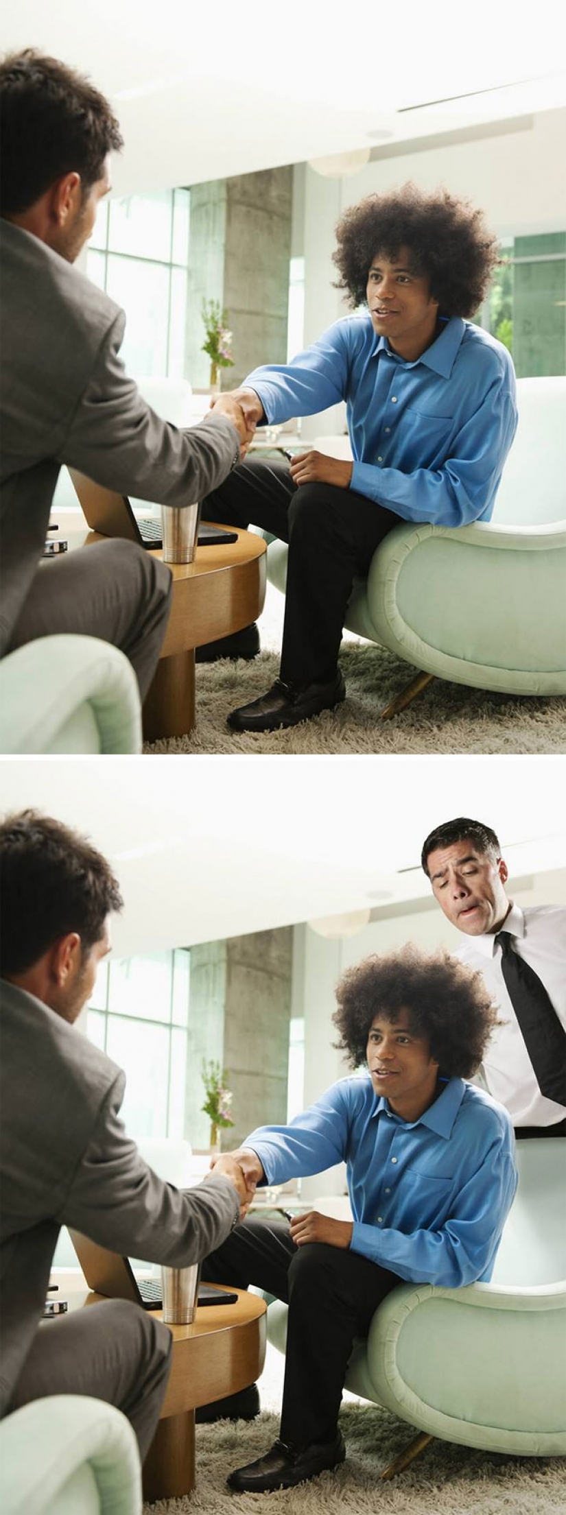 The guy masterfully inscribes itself in pictures from photobanks, and it's incredibly funny