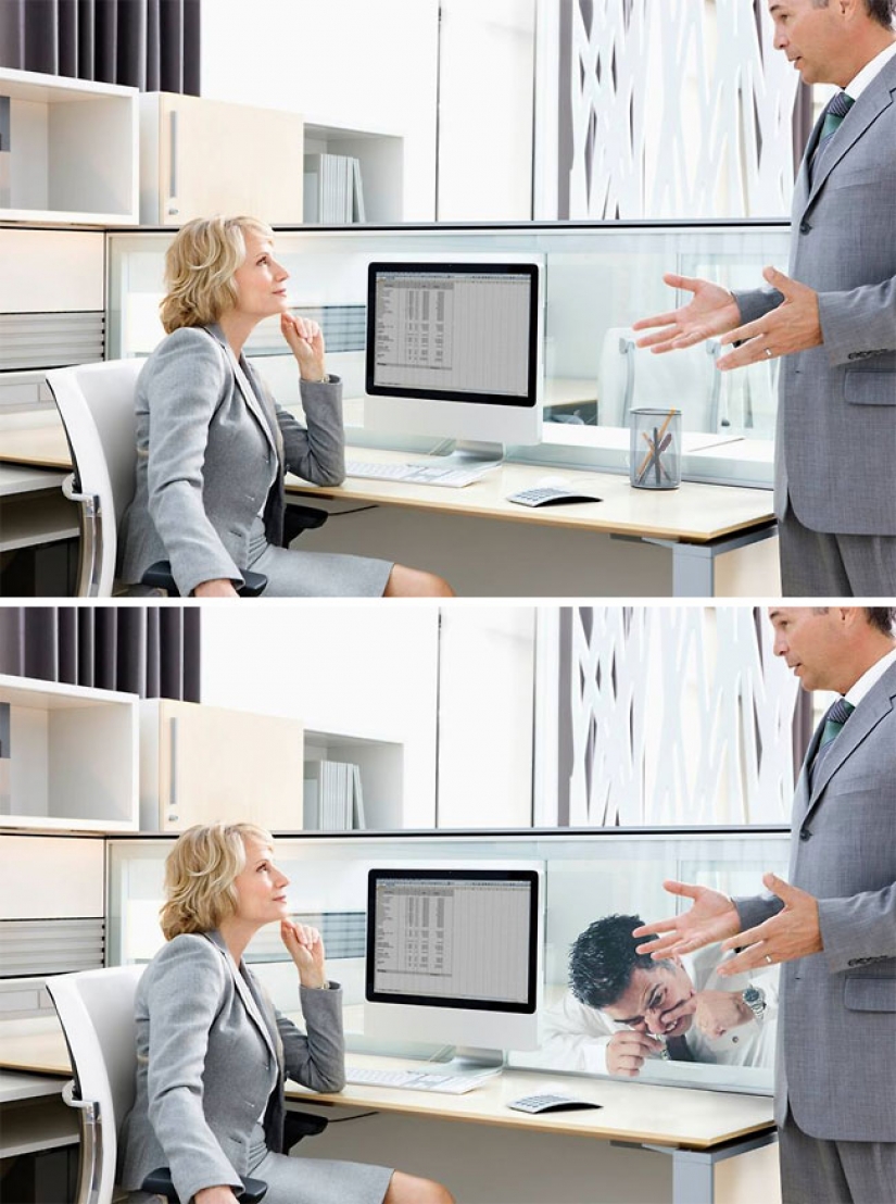 The guy masterfully inscribes itself in pictures from photobanks, and it's incredibly funny