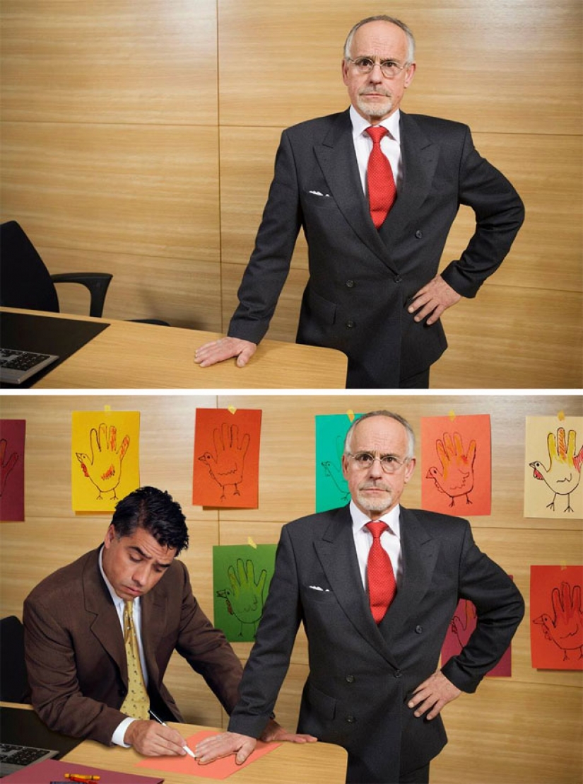 The guy masterfully inscribes itself in pictures from photobanks, and it's incredibly funny