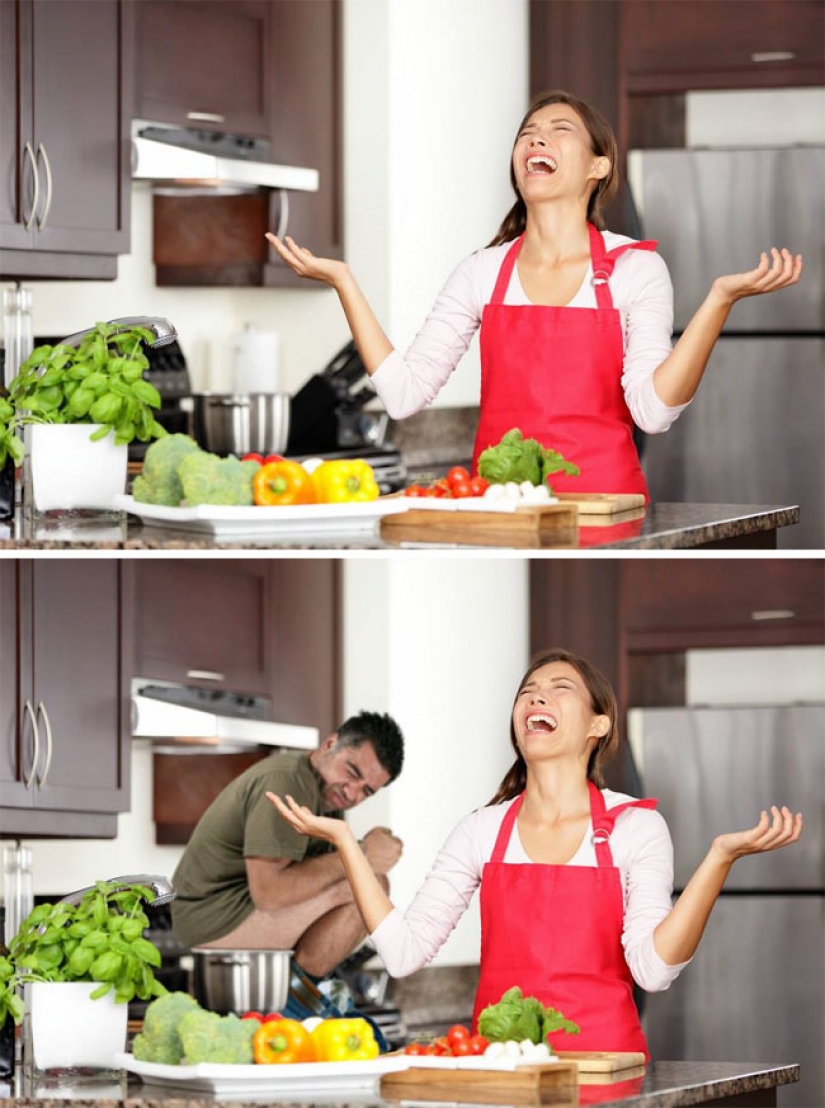 The guy masterfully inscribes itself in pictures from photobanks, and it's incredibly funny