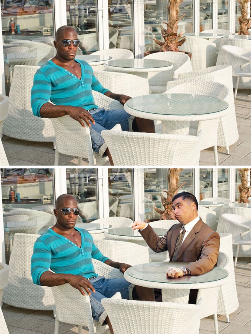 The guy masterfully inscribes itself in pictures from photobanks, and it's incredibly funny