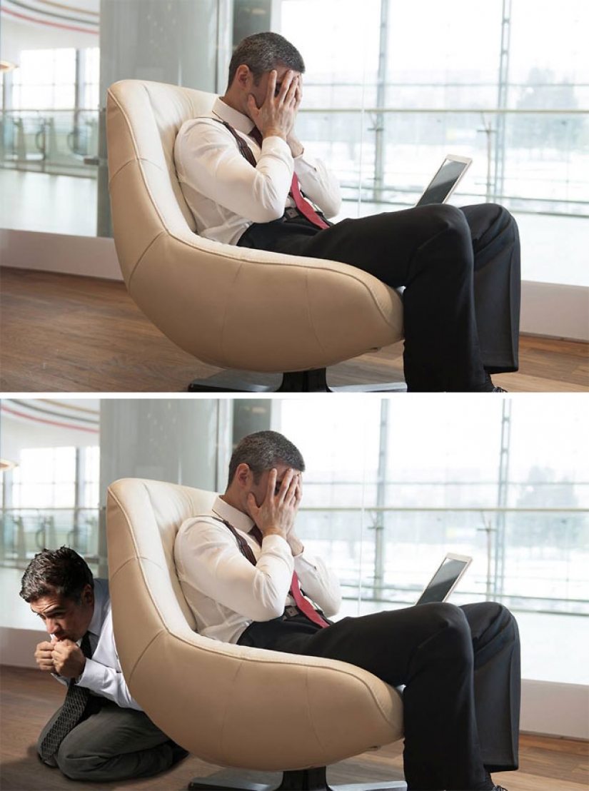 The guy masterfully inscribes itself in pictures from photobanks, and it's incredibly funny