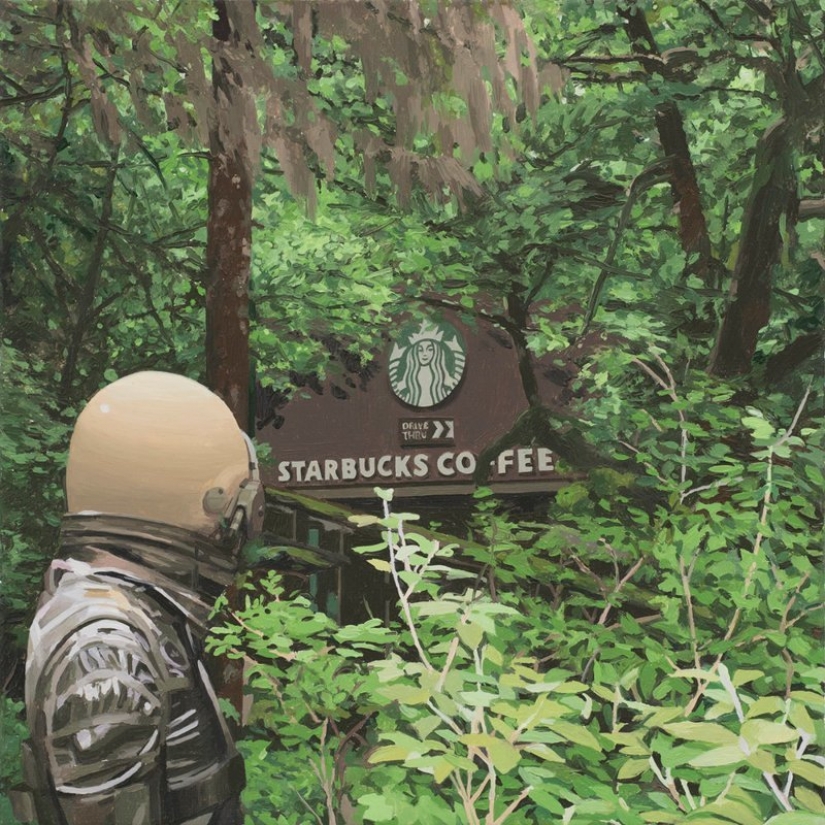 Wandering lonely astronaut on the ruins of civilization