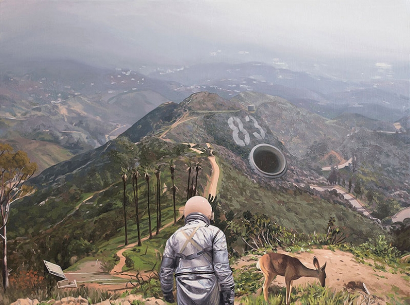 Wandering lonely astronaut on the ruins of civilization