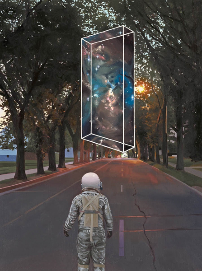 Wandering lonely astronaut on the ruins of civilization