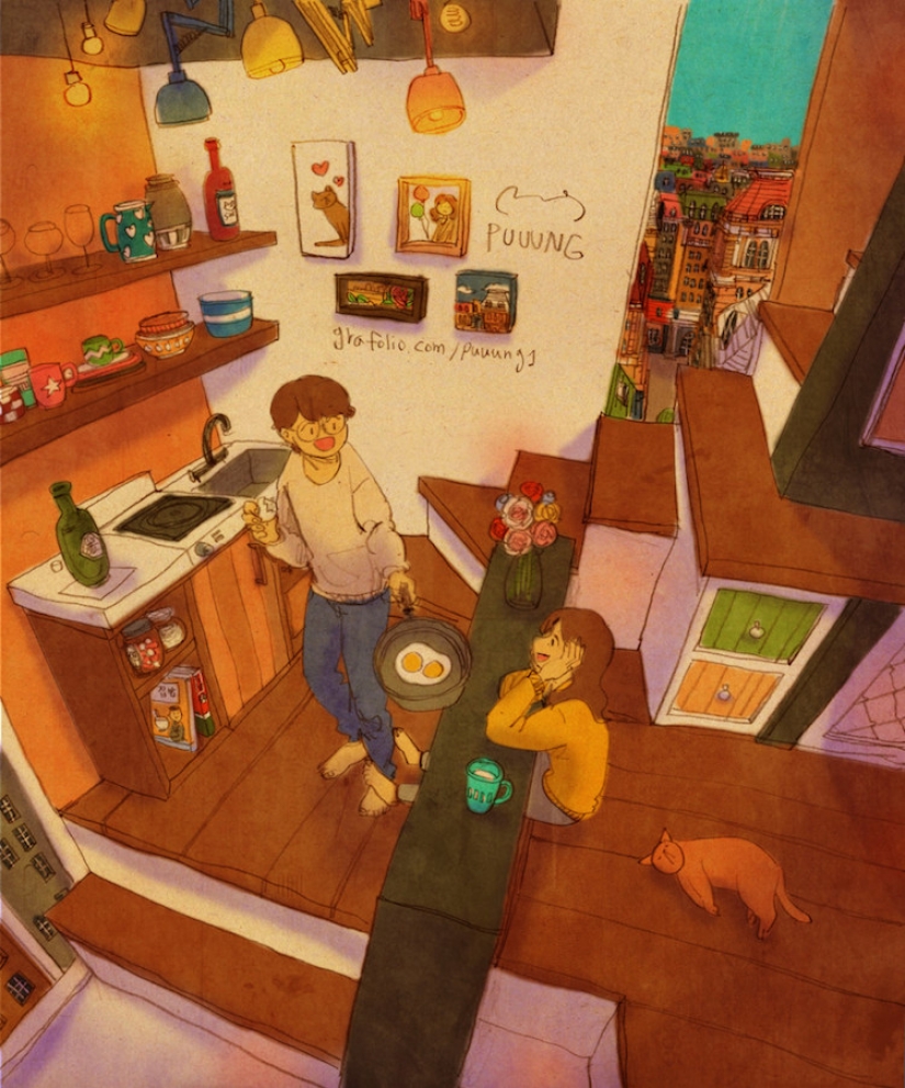 Warm watercolor illustrations about love from Korean artist