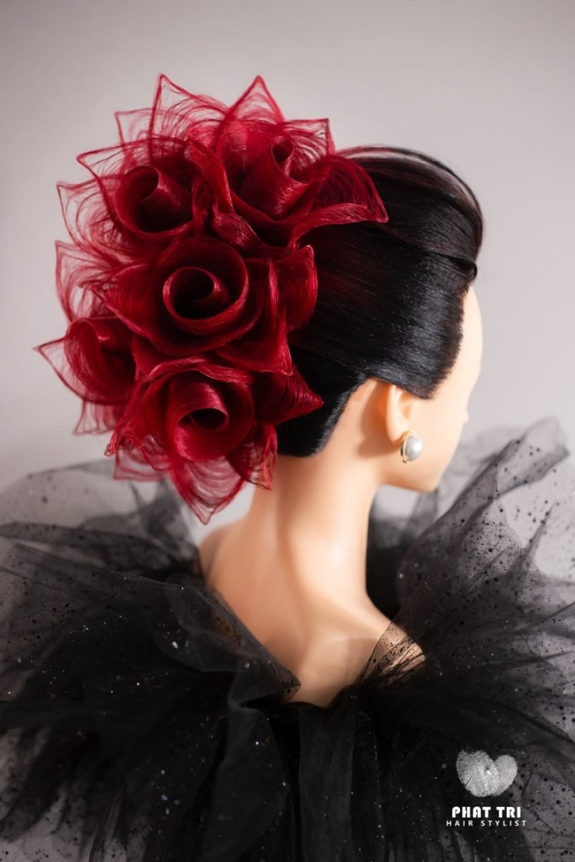 A talented hairdresser creates spectacular hairstyles in the form of flowers
