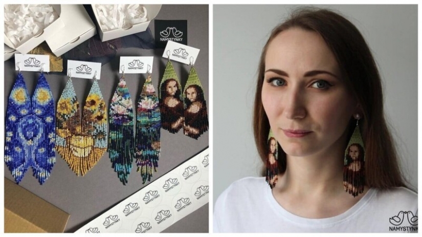 A talented Ukrainian woman makes beaded earrings based on the plots of famous paintings