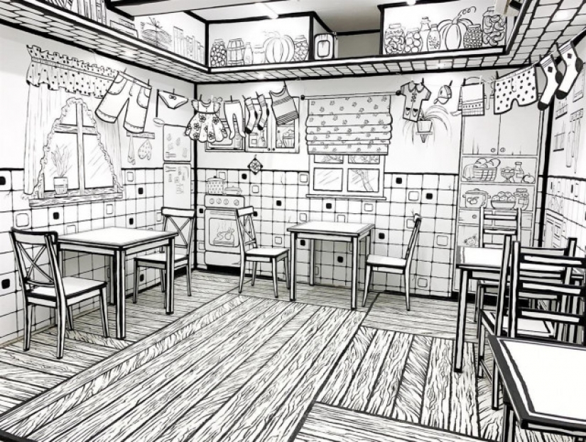 Black and white illusion: what does CHBKAFE, a "painted" coffee shop in St. Petersburg, look like? Black and white illusion: what does CHBKAFE, a "painted" coffee shop in St. Petersburg, look like?