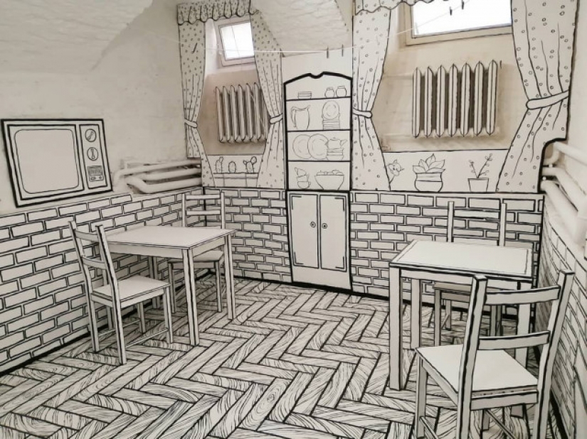 Black and white illusion: what does CHBKAFE, a "painted" coffee shop in St. Petersburg, look like? Black and white illusion: what does CHBKAFE, a "painted" coffee shop in St. Petersburg, look like?