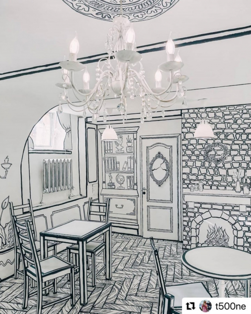 Black and white illusion: what does CHBKAFE, a "painted" coffee shop in St. Petersburg, look like? Black and white illusion: what does CHBKAFE, a "painted" coffee shop in St. Petersburg, look like?