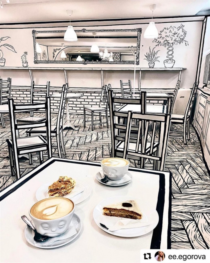 Black and white illusion: what does CHBKAFE, a "painted" coffee shop in St. Petersburg, look like? Black and white illusion: what does CHBKAFE, a "painted" coffee shop in St. Petersburg, look like?