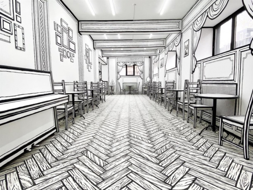 Black and white illusion: what does CHBKAFE, a "painted" coffee shop in St. Petersburg, look like? Black and white illusion: what does CHBKAFE, a "painted" coffee shop in St. Petersburg, look like?