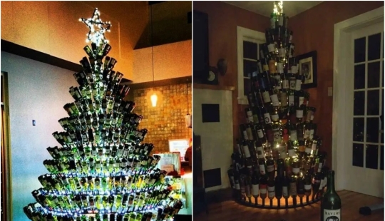 Británico las Amas de casa a recoger botellas para hacer de ellos un árbol de Navidad Británico las Amas de casa a recoger botellas para hacer de ellos un árbol de Navidad