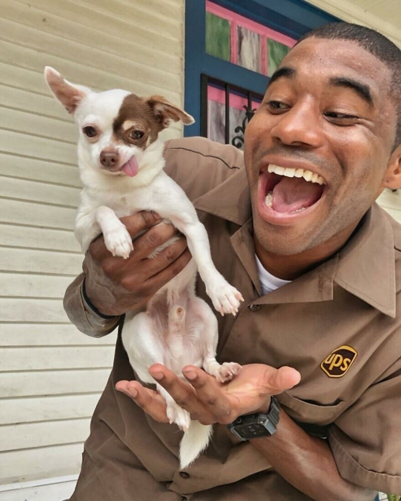 Divertido courier fotografiado con cada perro que cumple