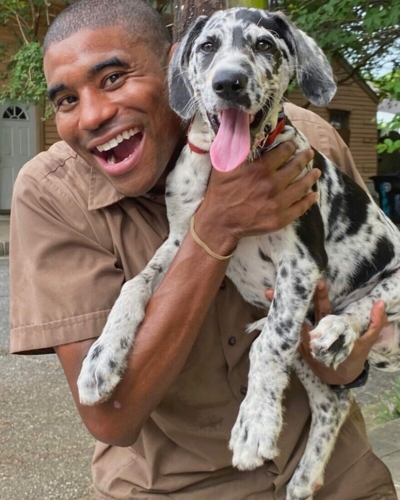 Divertido courier fotografiado con cada perro que cumple