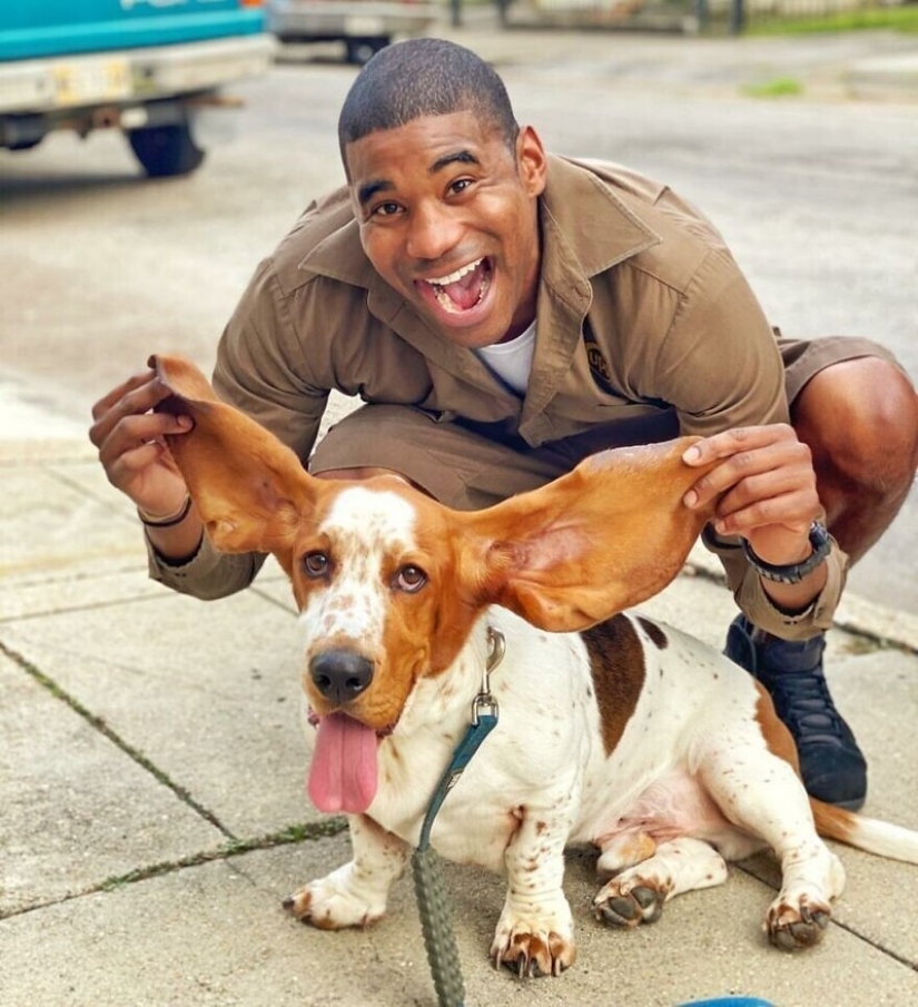 Divertido courier fotografiado con cada perro que cumple