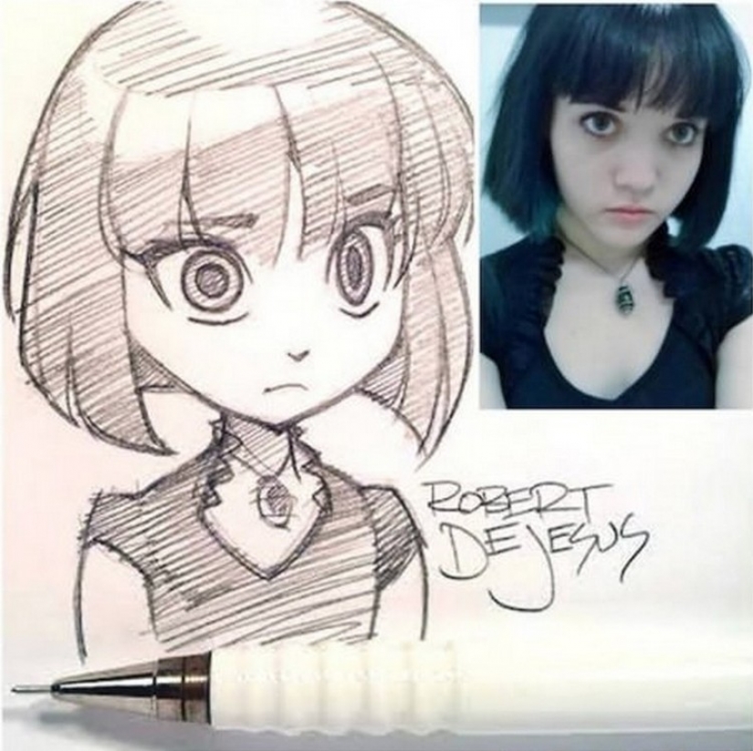 El artista dibuja versiones de dibujos animados de personas
