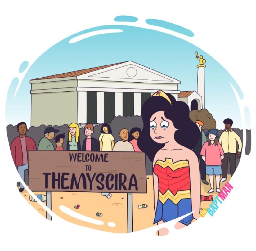 El artista trató de imaginar cómo estos famosos personajes sufrirían los desastres ambientales.