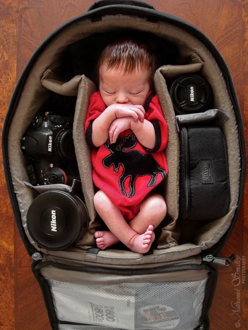 Los fotógrafos toman fotos de sus pequeños niños en bolsas de fotos